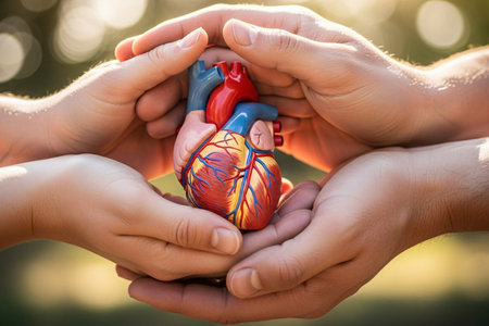 Cardio bypass simulation model showing heart anatomy and vessel structure used for illustrating coronary artery function and surgical procedure explanation.の素材