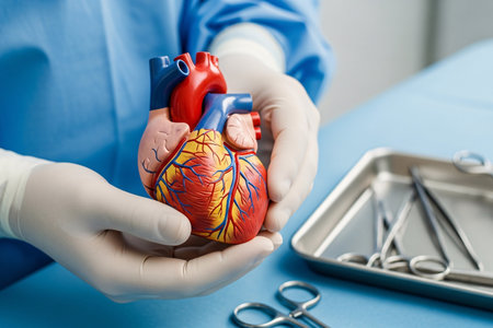Cardio vessel and heart anatomy model presented by surgeon in blue scrubs with surgical tools, emphasizing cardiovascular system study and clinical precision.の素材
