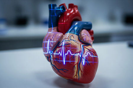Cardio vessel anatomical model featuring projected ECG lines on heart surface used for demonstrating blood flow, pulse tracking, and medical innovation.の素材