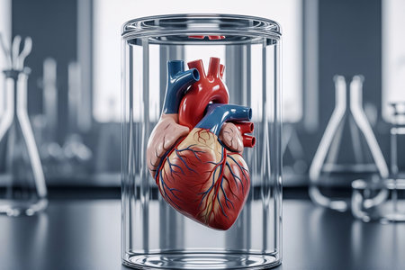 A preserved heart displayed in a cylindrical glass container, showcasing cardiovascular anatomy for academic research and biotechnology innovation, with laboratory instruments softly blurred in the background.の素材