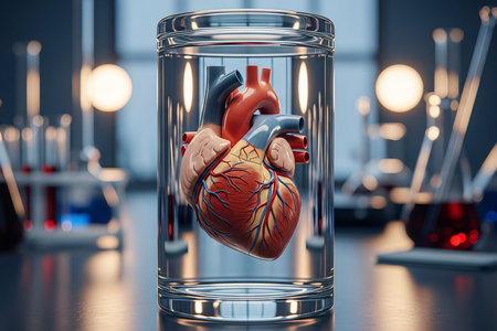 A hyper-realistic artificial heart preserved in a jar under controlled laboratory lighting, representing advances in bioengineering, organ modeling, and cardiovascular system research.の素材
