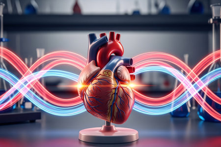 A human heart anatomy model surrounded by glowing red and blue energy waves, symbolizing bioelectrical flow and cardiac rhythm research within a modern laboratory setting.の素材