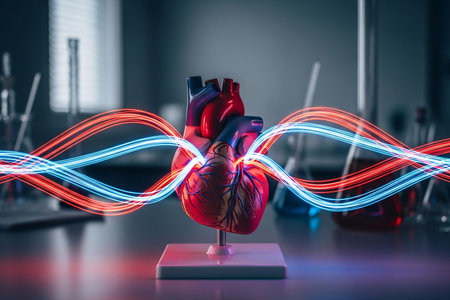 A detailed 3D model of the human heart placed on a stand, crossed by intertwined red and blue energy light trails visualizing electrical signal transmission and heartbeat synchronization.の素材