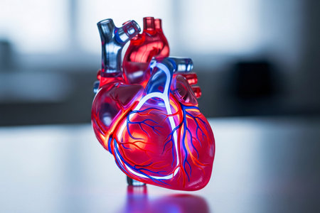 An anatomical 3D illustration of the heart's vessels and blood flow, designed to showcase the connection between arteries, veins, and heart chambers for educational purposes.の素材
