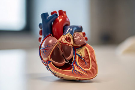 Cardio structure realistic cross section heart model presenting internal anatomy including valves, chambers, and coronary vessels for medical teaching and anatomical reference.の素材