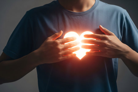 Cardio heart energy shown as a radiant heart icon held close to the chest conveying warmth empathy and emotional support for mental health and wellbeing conceptsの素材