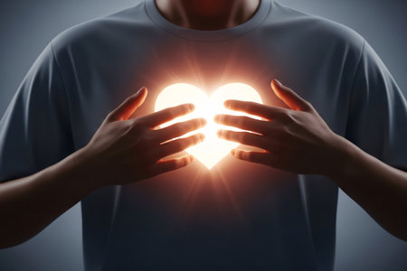 Cardio flow depicted as a glowing heart shape held to the chest expressing emotional wellness and inner vitality suitable for health lifestyle and inspirational themesの素材