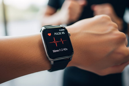 Fitness watch showing real time pulse measurement with clear ECG visualization representing digital health tracking smart wearable technology and exercise monitoringの素材