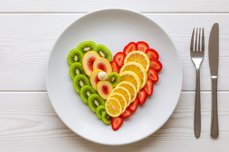 Heart shaped assortment of fresh fruits arranged aesthetically on a plate showcasing nutritious ingredients ideal for wellness diet planning and healthy food inspirationの素材