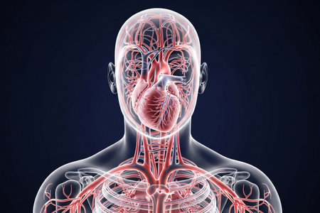 A focused anatomical rendering of the vascular system extending from the head to the chest, highlighting major vessels and heart structures through a clear, transparent body outline.の素材