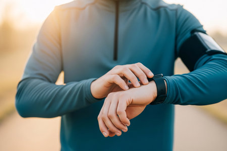 Runner checking heart rate on smartwatch during a road workout emphasizing exercise monitoring cardiovascular awareness and smart fitness technologyの素材