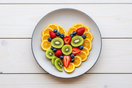 Fresh fruit heart shape on a white plate made with colorful slices of orange kiwi strawberry and berries representing healthy diet habits and nutritious breakfast ideasの素材