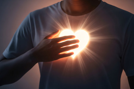 Cardio heart light concept showing hands over a radiant heart symbol on the chest representing compassion mindfulness and positive emotional energy for wellness contentの素材