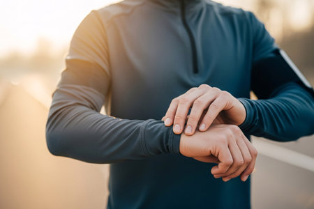 Athletic man reviewing data on smartwatch while exercising outside demonstrating activity tracking digital health monitoring and efficient workout managementの素材