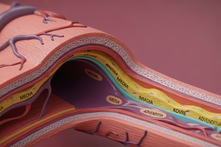 Cardio vessel structure depicted through an educational anatomical model illustrating arterial walls connective tissues and flow pathways for academic and research purposes.の素材
