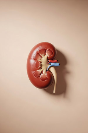 Detailed 3D illustration of a human kidney cross section showing renal structure and blood vessels, ideal for medical education, healthcare content, and anatomy studies.の素材