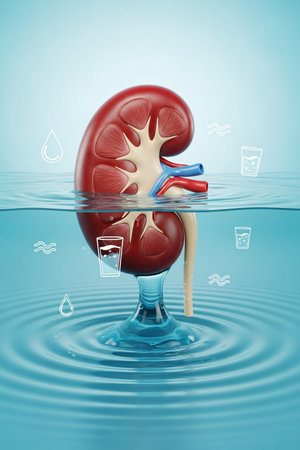 3D illustration of a human kidney partially submerged in water with hydration and health symbols, representing kidney care, wellness, and the importance of drinking water.の素材