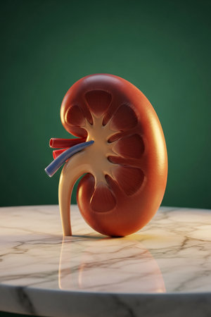 3D illustration of a human kidney cross section placed on a marble table with green background, representing medical science, healthcare, and anatomical education visuals.の素材