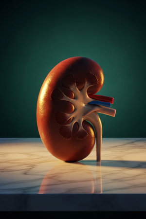 3D illustration of a human kidney cross section placed on a marble table with green background, representing medical science, healthcare, and anatomical education visuals.の素材