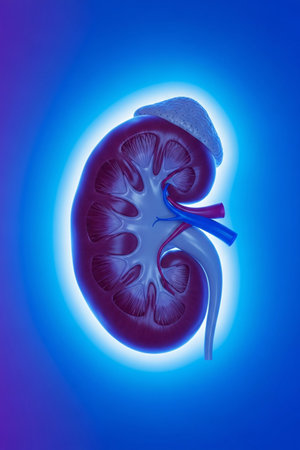 3D illustration of a human kidney cross section with arteries and veins, highlighted on a modern blue gradient medical background, symbolizing healthcare, nephrology, and anatomy education.の素材