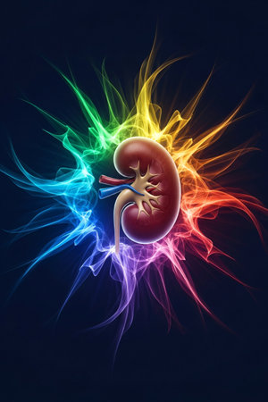 Detailed 3D illustration of human kidney anatomy surrounded by vibrant rainbow energy waves, ideal for medical education, healthcare concepts, and biology visuals.の素材