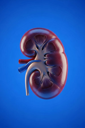 3D rendered human kidney anatomical model isolated on bright gradient background, ideal for medical education, healthcare design, and biology illustrations.の素材