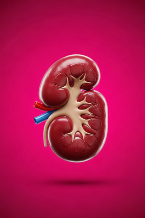 3D rendered human kidney anatomical model isolated on bright gradient background, ideal for medical education, healthcare design, and biology illustrations.の素材