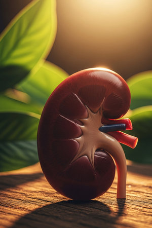 Realistic human kidney anatomical model placed on wooden surface with green leaves and sunlight in background, symbolizing health, medicine, and nature.の素材