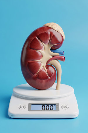 3D anatomical model of human kidney placed on electronic weighing scale with blue background, symbolizing kidney weight, organ health, and medical research.の素材