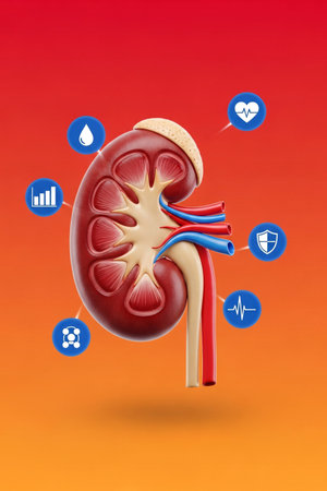 3D illustration of human kidney anatomy with medical infographic icons for healthcare, nephrology, and educational presentations on renal health.の素材