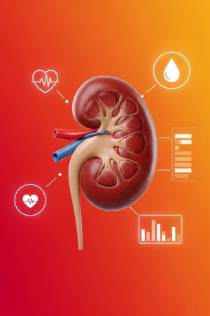 3D illustration of human kidney anatomy with medical infographic icons for healthcare, nephrology, and educational presentations on renal health.の素材