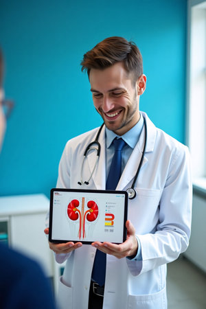 Smiling doctor in white coat showing kidney anatomy diagram on digital tablet during medical consultation, representing healthcare, diagnosis, and nephrology education.の素材
