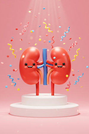 3D cartoon kidneys with happy faces standing on podium surrounded by colorful confetti and streamers, symbolizing kidney health awareness, wellness, and celebration.の素材