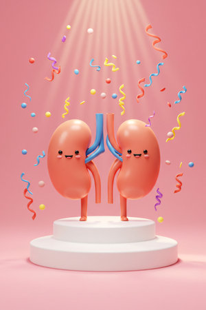 3D cartoon kidneys with happy faces standing on podium surrounded by colorful confetti and streamers, symbolizing kidney health awareness, wellness, and celebration.の素材