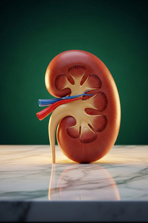 3D illustration of a human kidney cross section placed on a marble table with green background, representing medical science, healthcare, and anatomical education visuals.の素材