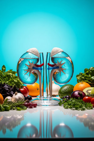 This artistic illustration depicts a kidney in the form of a transparent glass filled with clear fluid, surrounded by fresh fruits such as oranges, grapes, berries, and green herbs. This concept illustrates the importance of hydration, healthy nutrition, and consuming fresh fruits to maintain natural kidney health.の素材