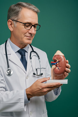 Medical doctors in white coats with stethoscopes holding kidney anatomical model, representing healthcare, nephrology, patient education, and kidney health awareness.の素材