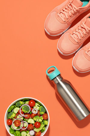 Flat lay composition featuring fresh vegetable salad, sneakers, dumbbell, and reusable water bottle on orange background, symbolizing fitness, healthy eating, hydration, and active lifestyle.の素材
