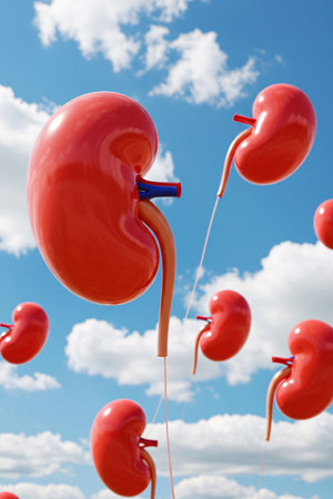 3D surreal illustration of multiple human kidneys floating in the sky with clouds, symbolizing health, nephrology, medical concepts, and creative science imagery.の素材