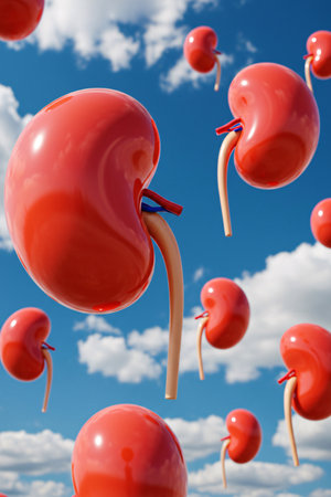 3D surreal illustration of multiple human kidneys floating in the sky with clouds, symbolizing health, nephrology, medical concepts, and creative science imagery.の素材