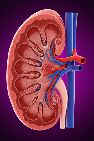 3D medical illustration of human kidney cross section showing renal cortex, medulla, blood vessels, and nephron structures on purple background, ideal for education and healthcare use.の素材