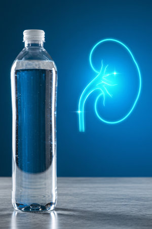 Close-up of a clear water bottle placed on a table with glowing kidney health icon in the background, symbolizing hydration benefits, wellness, and medical care.の素材