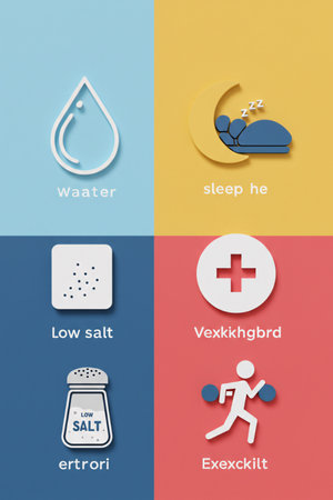 Flat lay set of colorful icons representing daily health habits including water intake, sleep, low salt diet, and exercise, ideal for wellness, medical, or fitness concepts.の素材