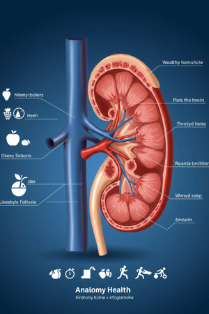 Detailed medical infographic of human kidney anatomy with lifestyle and nutrition icons, designed for healthcare education, wellness promotion, and medical awareness use.の素材