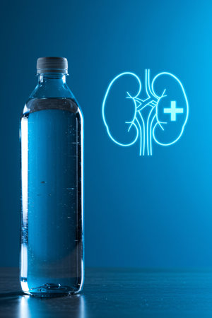 Close-up of a clear water bottle placed on a table with glowing kidney health icon in the background, symbolizing hydration benefits, wellness, and medical care.の素材
