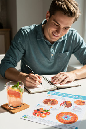 Group of young adults writing in notebooks at a table with kidney health educational infographics and refreshing fruit drinks, symbolizing medical awareness and healthy lifestyle.の素材