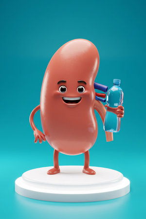 3D cartoon kidney character with happy face holding a water bottle, symbolizing hydration, kidney health, and wellness promotion in a fun and educational way.の素材