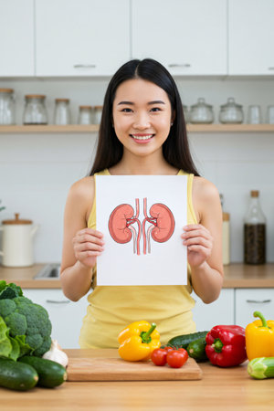 Smiling young woman holding a medical illustration of human kidneys while standing in a modern kitchen with fresh vegetables on the table, symbolizing health and nutrition.の素材