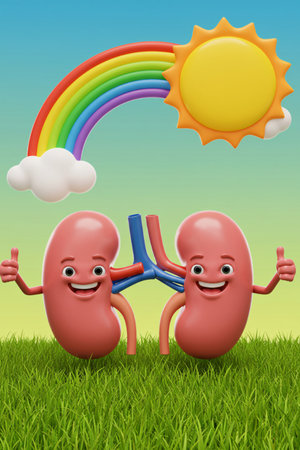 Cute cartoon kidneys with smiling faces standing on grass under rainbow and sunshine, symbolizing health, wellness, positivity, and kidney care awareness for children.の素材