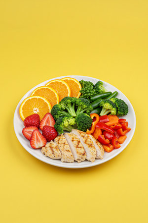 Colorful plate of grilled chicken breast served with broccoli, cucumber, bell pepper, carrots, strawberries, and orange slices on a yellow background, representing balanced nutrition.の素材